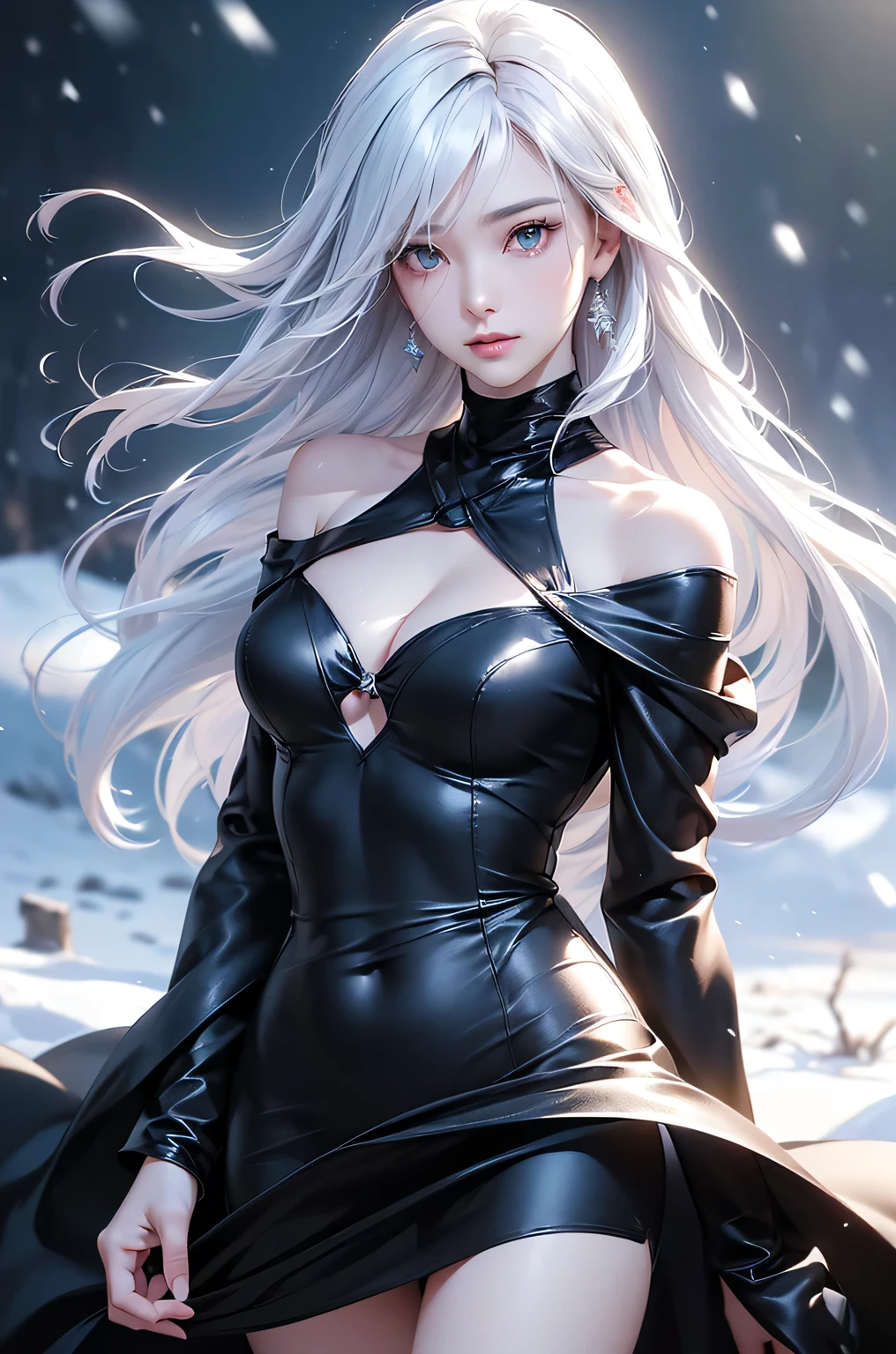 ((masterpiece:1.5、8k、Tabletop、Photorealistic and very detailed CG、Very detailed、Particle Effects、Dynamic Effects、Shallow depth of field、Cinematic Light、Lens flare、Ray Tracing、Tabletop、Realistic:1.4、Ultra-high resolution:1.2、Realistic、Realistic))((alone、,A woman wearing a black cashmere coat over an off-the-shoulder dress:1.4、Elegant woman posing、Detailed face、brightexpression、young, bright, Whiter skin、Medium chest、Beautiful cleavage、Best Looks、ASİAN、Ultimate beauty、bright and shiny hair,、Super long, Silky straight hair、Hair dancing in the wind))(morning、The setting is outdoors in the snow、Crystal of snow)((shiny white hair))