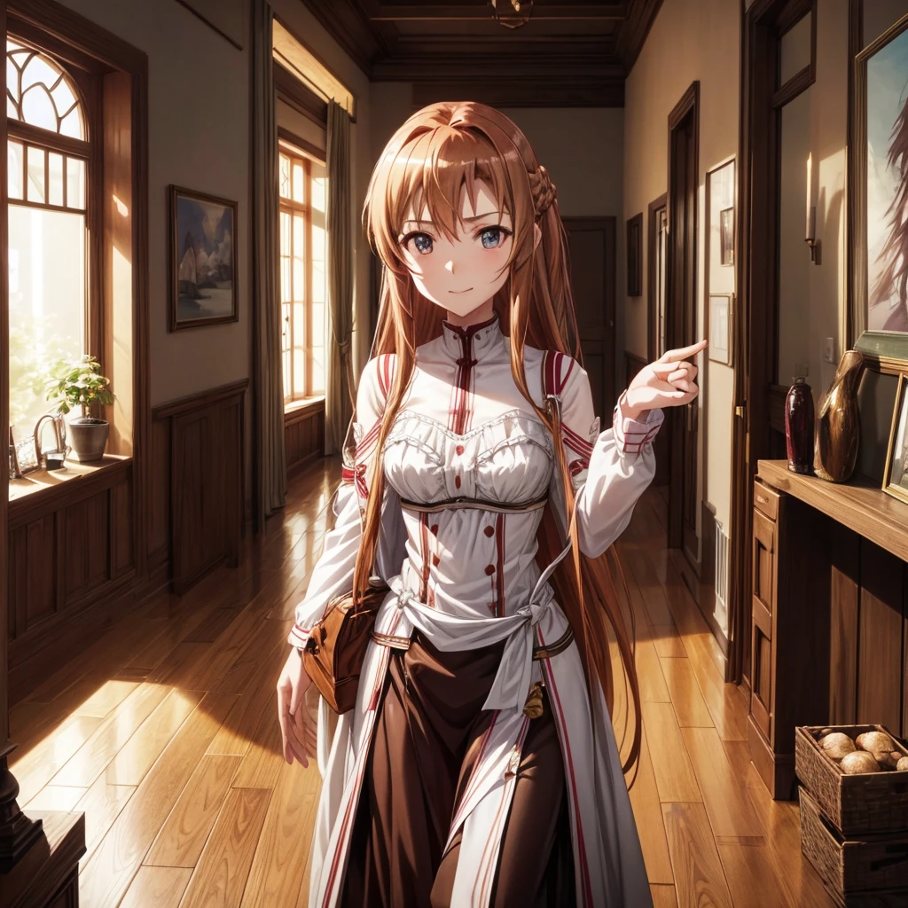 absurderes, high resolution, ultra-sharp, 8k, {work of art}, expressive eyes, extremely detaild, best qualityer, face perfect, 1 girl, standing alone, Yuuki Asuna, Kizuki Ai, chestnut hair, eyes browns, medium breasts, long hair, Braid, Room, lingerie, drlight smile, Standing,