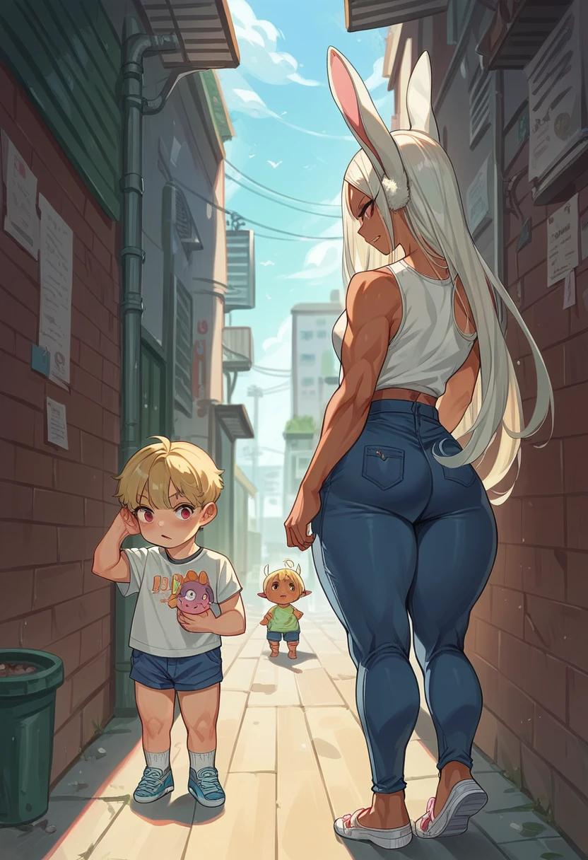 (ddler ,young boy in an alley),  mirko que cuida al toddler,toddler feliz ,toler, mirko huge hips,mirko giant thighs,mirko sexy,mirko dintura slim, wide rear view 