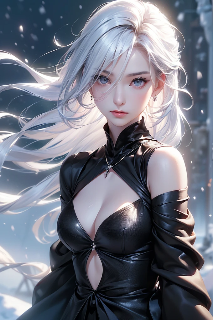 ((masterpiece:1.5、8k、Tabletop、フォトリアリスティックでVery detailedなCG、Very detailed、Particle Effects、Dynamic Effects、Shallow depth of field、Cinematic Light、Lens flare、Ray Tracing、Tabletop、Realistic:1.4、Ultra-high resolution:1.2、Realistic、Realistic))((alone、,A woman wearing a black cashmere coat over a halter neck dress:1.4、Elegant woman posing、Detailed face、bright表情、young, bright, Whiter skin、Medium chest、Beautiful cleavage、Best Looks、Asian、Ultimate beauty、bright and shiny hair,、Super long, Silky straight hair、Hair dancing in the wind))(morning、The setting is outdoors in the snow、Crystal of snow)((shiny white hair))