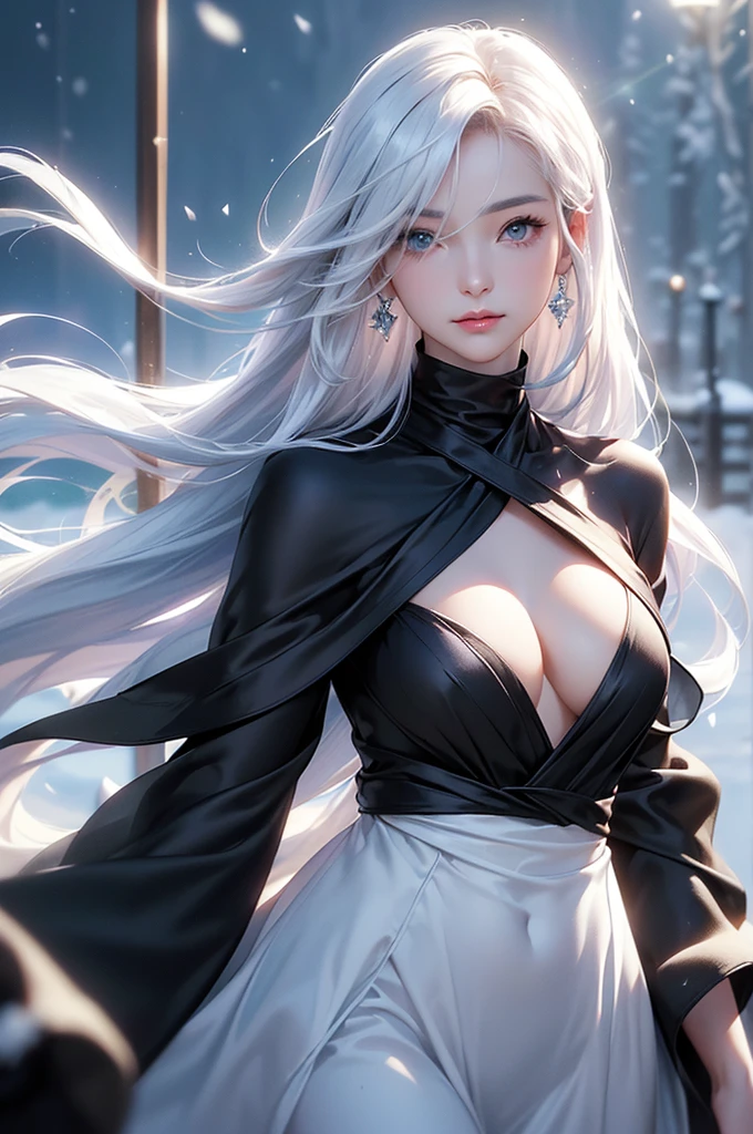 ((masterpiece:1.5、8k、Tabletop、フォトリアリスティックでVery detailedなCG、Very detailed、Particle Effects、Dynamic Effects、Shallow depth of field、Cinematic Light、Lens flare、Ray Tracing、Tabletop、Realistic:1.4、Ultra-high resolution:1.2、Realistic、Realistic))((alone、,A woman wearing a black cashmere coat over a halter neck dress:1.4、Elegant woman posing、Detailed face、bright表情、young, bright, Whiter skin、Medium chest、Beautiful cleavage、Best Looks、Asian、Ultimate beauty、bright and shiny hair,、Super long, Silky straight hair、Hair dancing in the wind))(morning、The setting is outdoors in the snow、Crystal of snow)((shiny white hair))