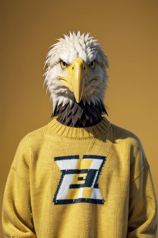 Eagle with yellow sweater and the letters ENZ on the front of the sweater.