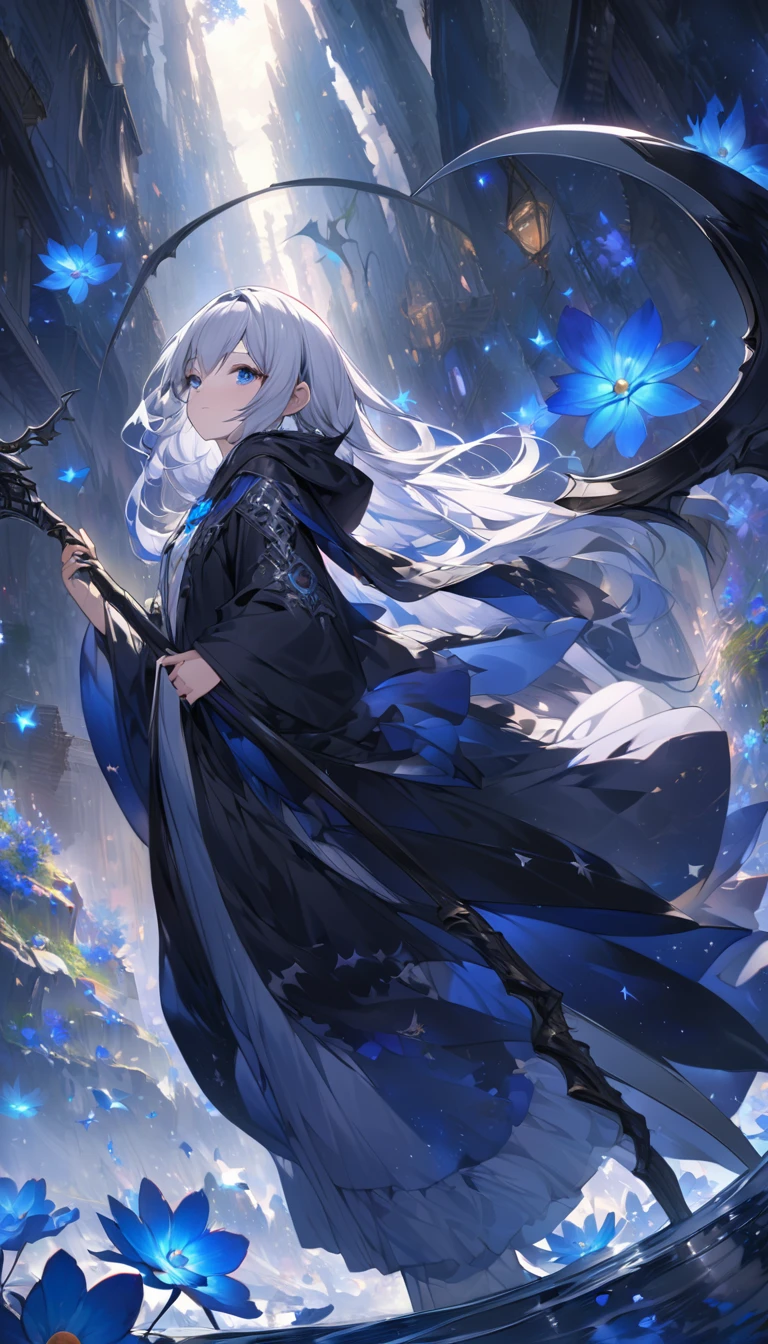 Highest quality,masterpiece,Detailed Details,Super detailed,colorful,The background is dark blue water,Transparency,Use HDR technology to create a sense of depth,beautiful,beautiful自然,Sacred atmosphere,8-year-old Grim Reaper girl,Alone,Wearing starry wizard robes,holding a scythe,A scythe blade made from a blue gem,A scythe handle made from a black gem.,Narrow and gentle eyes,mysterious,Silver hair decorated with blue flowers,Fantasy atmosphere,beautiful虹色の蝶々is flying in the air
