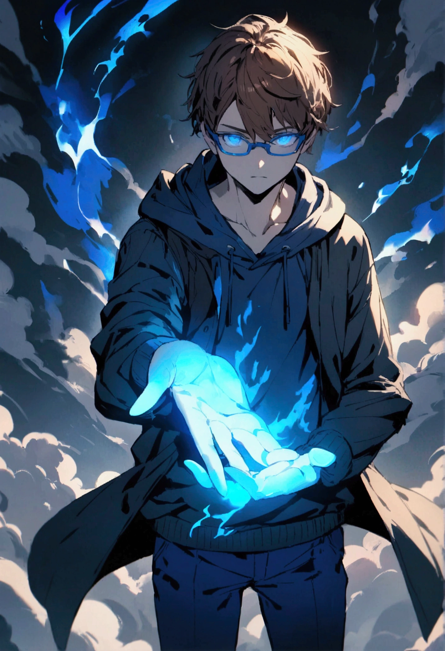 a white eyed boy with blue glasses with brown hair wearing a dark blue hoodie with blue pants with an electric blue d colored aura all around his body and blue colored fire coming out of his hand