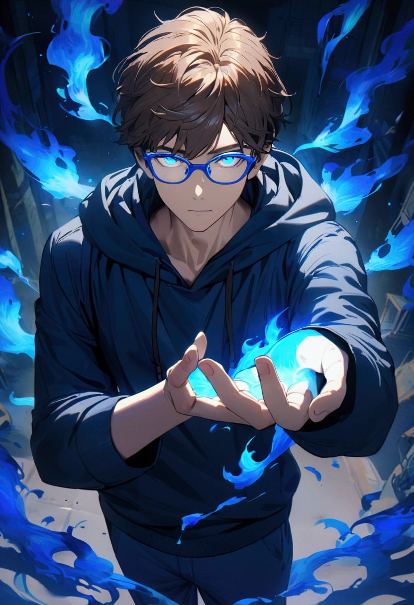 a white eyed boy with blue glasses with brown hair wearing a dark blue hoodie with blue pants with an electric blue d colored aura all around his body and blue colored fire coming out of his hand