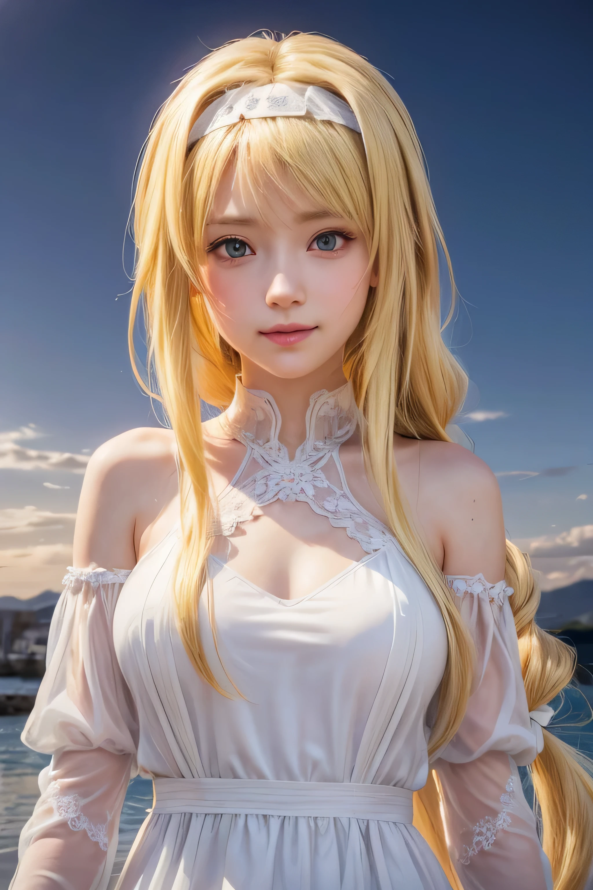 masterpiece, best quality, (realistic,photo-realistic:1.4), (RAW photo:1.2), extremely detailed CG unity 8k wallpaper, delicate and beautiful, amazing,finely detail, official art, absurdres, incredibly absurdres, huge filesize, ultra-detailed,extremely detailed eyes and face,light on face,yuuki asuna,(little smile),(blonde hair:1.4),(long hair:1.4),(wearing torn dress:1.5),nature background,(medium breast:1.3),white hairband