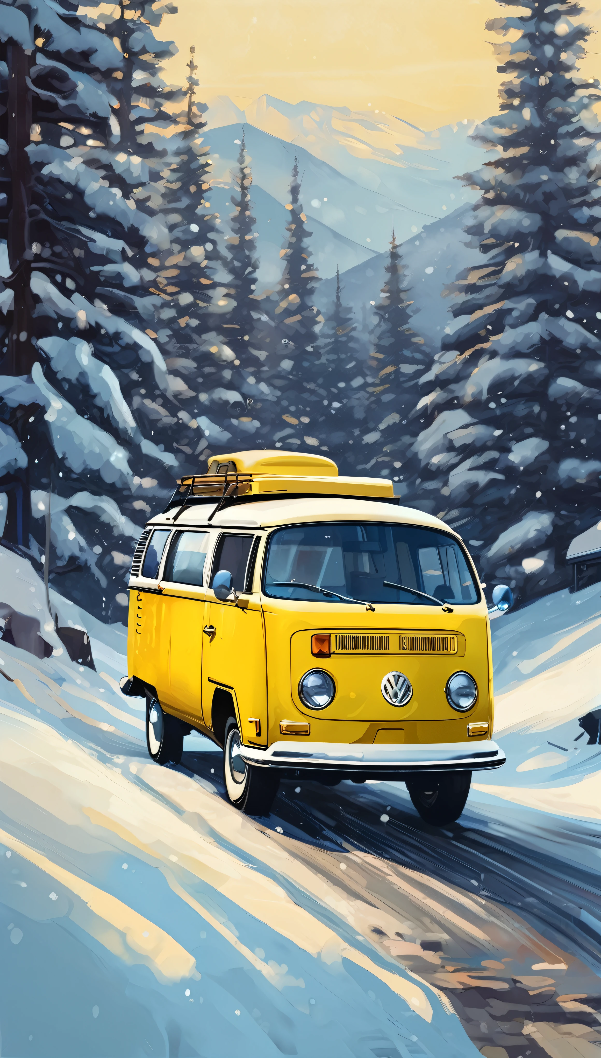 a digital illustration of a yellow Volkswagen on a road, snow, cold, Alaska, beautiful retro art, Volkswagen van, cheio de cores e detalhes ricos, Alaska, neve, montanhas, frio, estilo ross tran, Direction: Painter Müller, Cores e detalhes ricos, pintura de arte pop, estilo de pintura super realista, oil painting H 768, bela pintura, in retro colors, pintura beatufil, arte vetorial