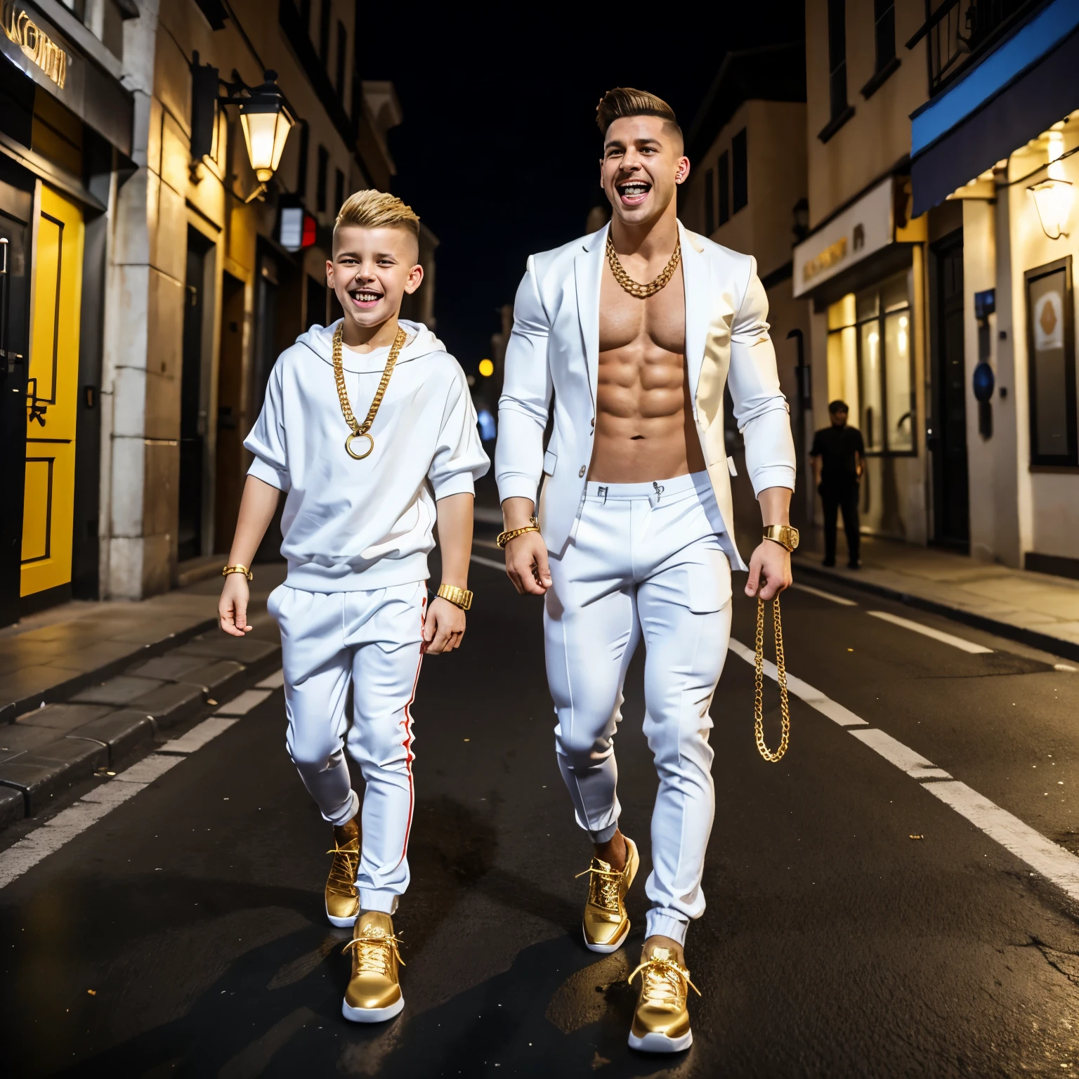 full view, full body, two over-muscular over-bodybuilded adult white european drunk males with hyper-clean undercut haircuts wearing white lycra suits and socks, huge hype-fashioned chunky hi-top Balmain sneakers and golden crowns, golden rings, bracelets, chains, attacking a poor white europen  boy poorly dressed in deserted street at night, laughing at him