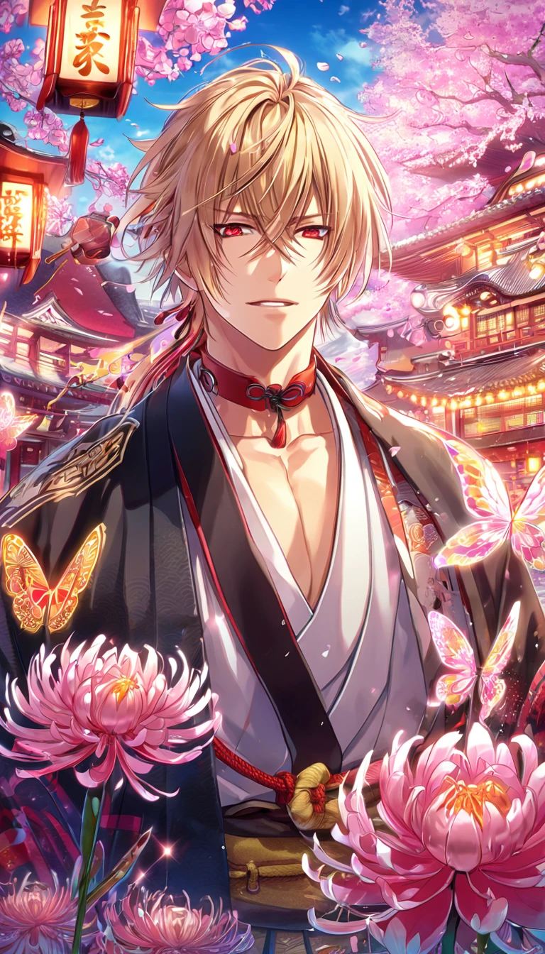 absurd resolution, high resolution, ultra detailed, detailed eyes, extremely detailed, HDR, 8K, Kazama Chikage, honey blonde hair, expressive red eyes, Hakuouki, solo, sexy man, handsome, black haori, white kimono, red collar, fantasy, cool, magical, pink glittering butterflies, pink dust flying around, pink spider lilies, pink petals, pink lanterns, Japanese ambiance, cherry blossoms