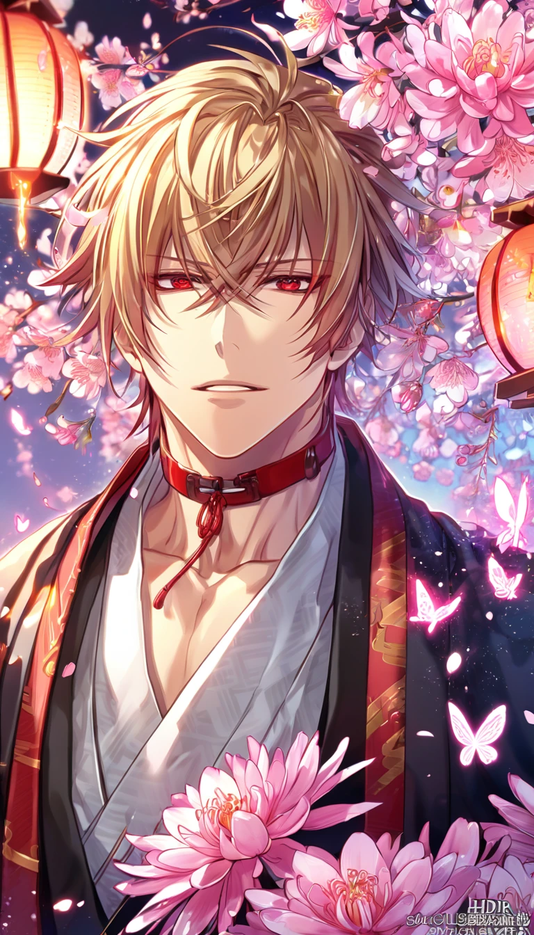 absurd resolution, high resolution, ultra detailed, detailed eyes, extremely detailed, HDR, 8K, Kazama Chikage, honey blonde hair, expressive red eyes, Hakuouki, solo, sexy man, handsome, black haori, white kimono, red collar, fantasy, cool, magical, pink glittering butterflies, pink dust flying around, pink spider lilies, pink petals, pink lanterns, Japanese ambiance, cherry blossoms
