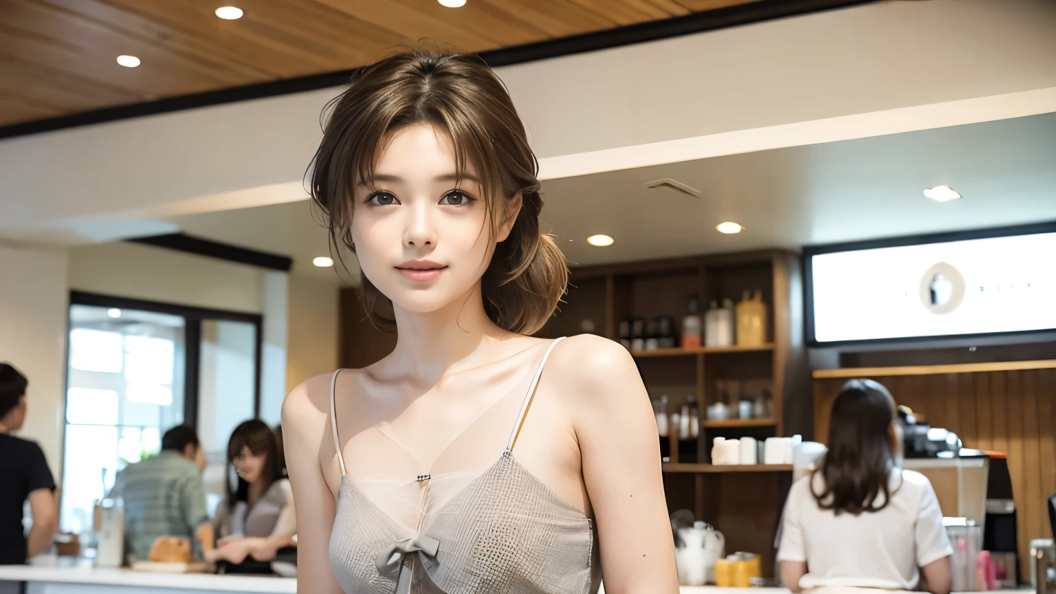 super high quality, smile, Slenderのネックレス, Slender, Gravure photoshoot, The staff is working at the counter in the back., (8k、RAW Photos、Highest quality、masterpiece:1.2), Japanese Idol, Stylish café, Fashion magazine photoshoot, (Realistic、Photorealistic:1.37), Mesh Hair, Urban Cafe, Golden Ratio, Raw photo, Cute face , Light Brown Hair, Small breasts, Bright cafe interior, Blurred Background, Beauty salon model, Summer clothes, Cafe Terrace, Open Cafe, Photographed inside the cafe, Hair blowing in the wind, Neat clothes, ponytail, boyish, 18-year-old, Stylish clothes, 
