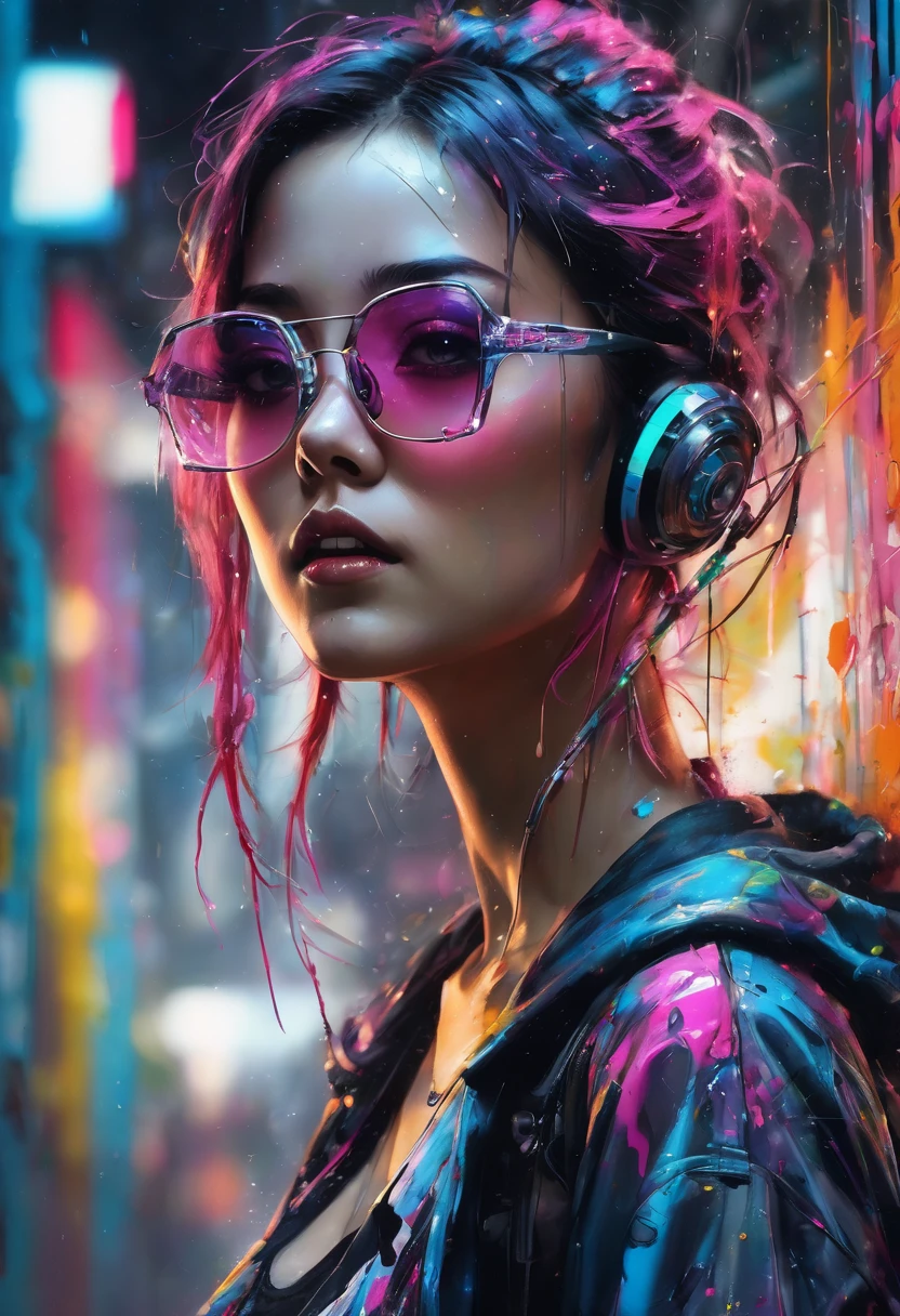 设计一幅数字Art work,Portraying a futuristic femme fatale,, reflective glass glasses and a Smooth, High-tech texture, Center, Nearly perfect, Dynamic, Very detailed, Art Station, Concept Art, Smooth, Clear focus, illustration, Art work:carne griffiths 和 wadim kashin, Graffiti airbrush technique, HD, Accent Lighting, Contrast with bright paint colors