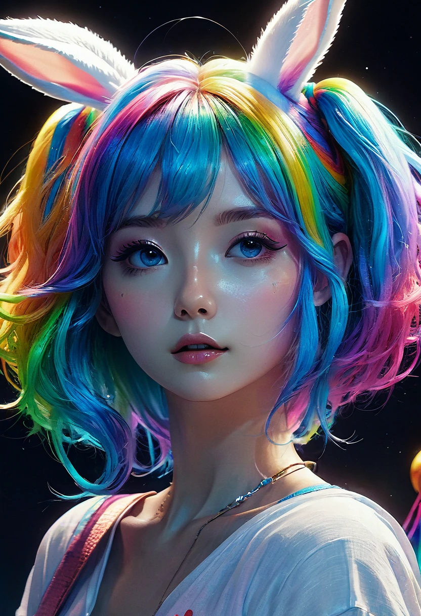 Cute sexy girl, Rainbow Hair, Bunny Girl, Surreal, Detailed lighting, Japanese Animation