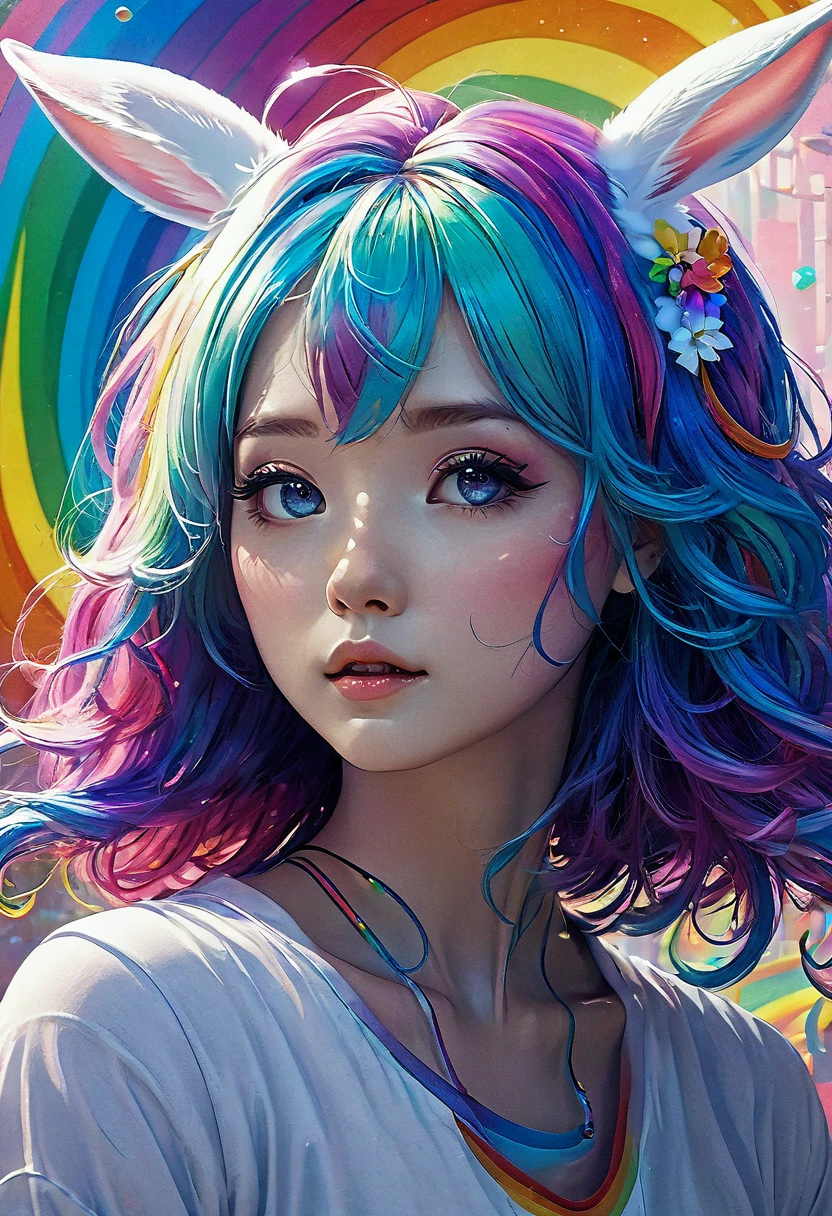 Cute sexy girl, Rainbow Hair, Bunny Girl, Surreal, Detailed lighting, Japanese Animation