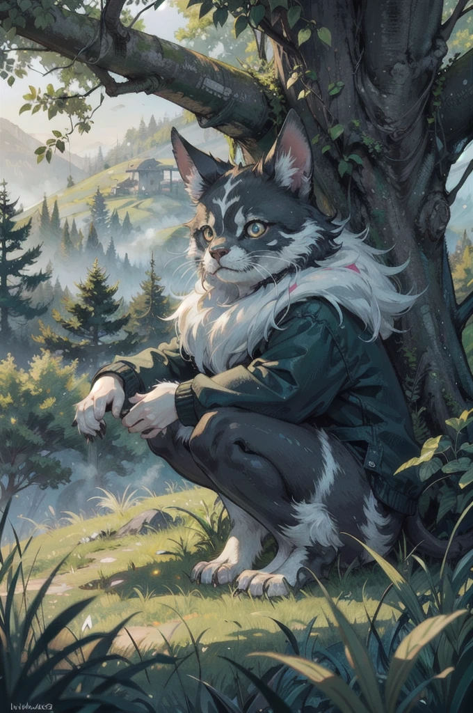 a cute mogwai creature, adorable big black eyes, extremely detailed, beautiful landscape, lush green forest, rolling hills, soft warm lighting, cinematic composition, mist, photorealistic, digital art, vibrant colors, highly detailed, masterpiece