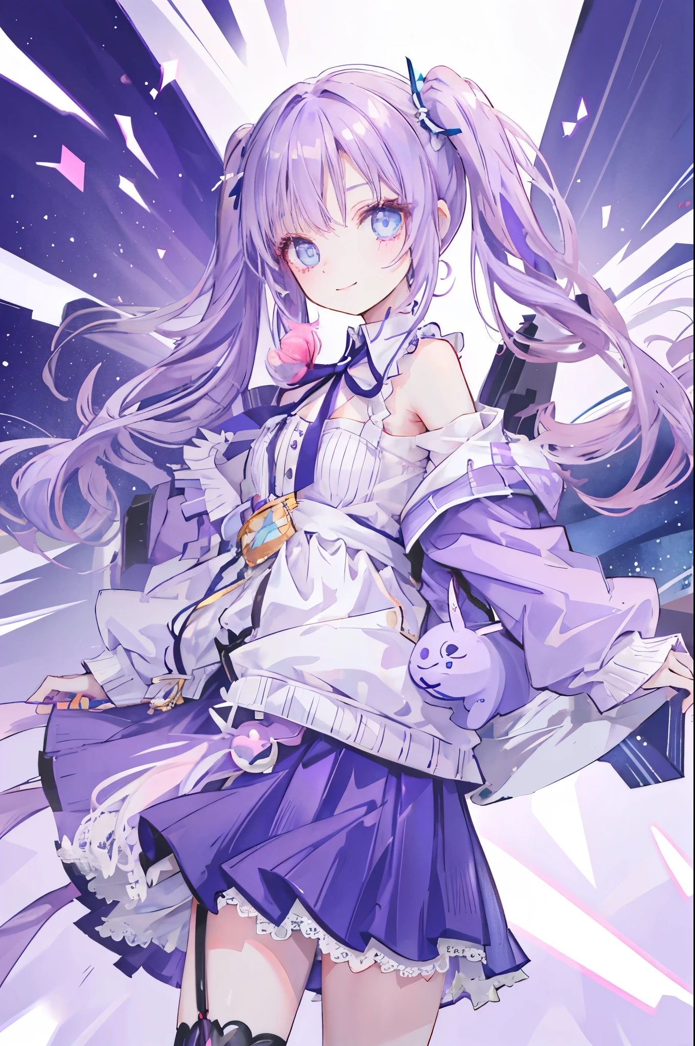 Highest quality,smile,woman,cute,Twin tails,Purple Hair,Light blue eyes,White off-the-shoulder tops,Checkered mini skirt,Background white,