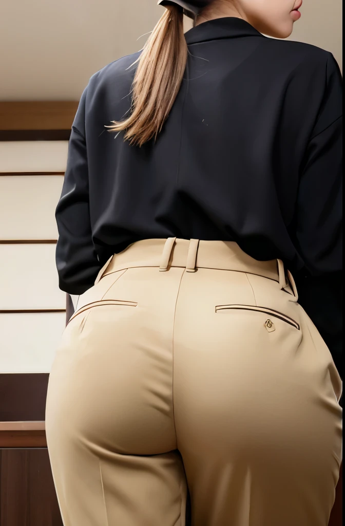 masterpiece,Highest quality,Beige trousers,Black clothes,Japanese,30-year-old woman,Protruding buttocks,I can see your face,Looking at the camera,Highly detailed face,ponytail,Big Ass,profile