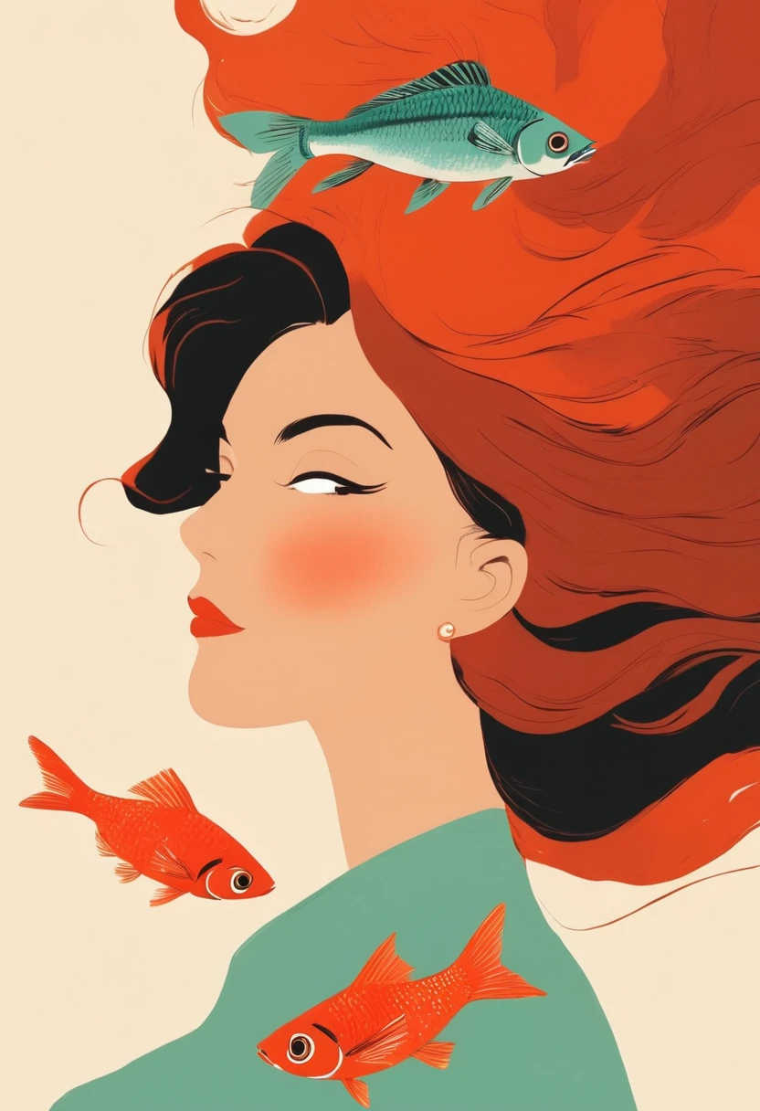flat,Side face girl,Orange fish,Red background