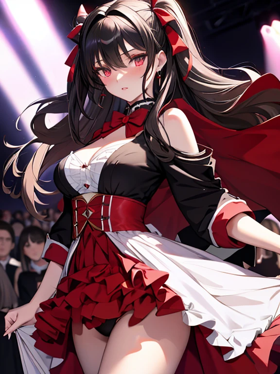 Runway, Fancy Dress, Fashion Model, Tohsaka Rin, (masterpiece), highest quality, 1girl, uhd, retina, masterpiece, ccurate, anatomically correct, textured skin, super detail, high details, high quality, best quality, highres, 4K