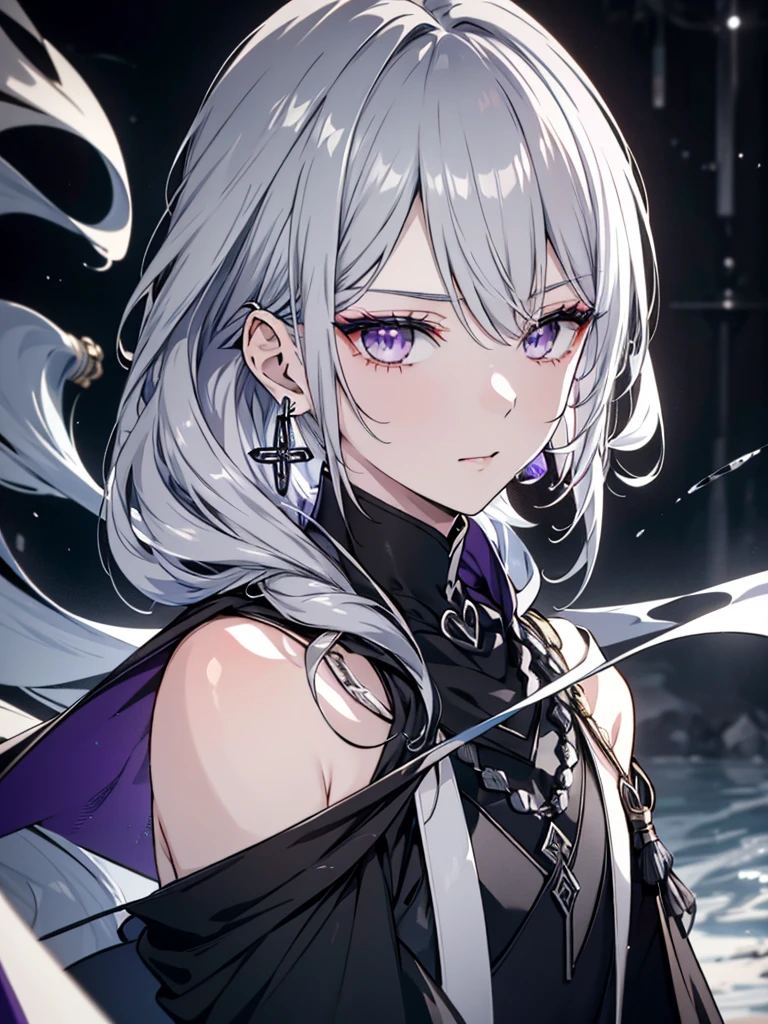 8k,High resolution RAW color art,Anime Art, (((Very detailed and cool))), Detailed skin, Blur、texture,(Exquisitely crafted, The finer details, Ultra-detailed art), (((One boy))), Depth of written boundary, Silky Touch, Hyper Detail, (((Cool face))), eye shadow、Silver Marble Skin, Beautifully detailed purple eyes, Beautiful lip detail, Very delicate face, Delicate depiction of hair and eyes, Detailed Fashion, Silver earrings,Silver Bracelet、Full body depiction, Black high neck、black waist cloak、 A little bit of grey hair、Semi-long hair、(((Hair)))、water surface、silk clotheatte、Soft clothes、cool