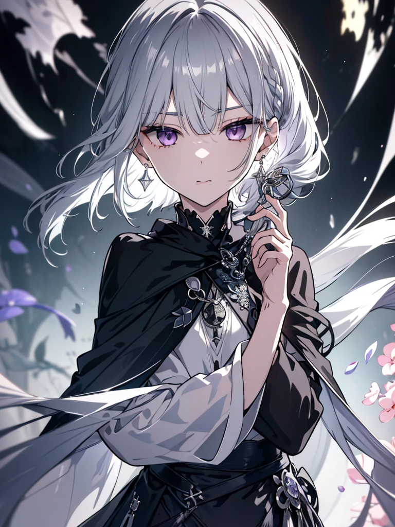 8k,High resolution RAW color art,Anime Art, (((Very detailed and cool))), Detailed skin, Blur、texture,(Exquisitely crafted, The finer details, Ultra-detailed art), (((One boy))), Depth of written boundary, Silky Touch, Hyper Detail, (((Cool face))), eye shadow、Silver Marble Skin, Beautifully detailed purple eyes, Beautiful lip detail, Very delicate face, Delicate depiction of hair and eyes, Detailed Fashion, Silver earrings,Silver Bracelet、Full body depiction, Black high neck、black waist cloak、 A little bit of grey hair、Semi-long hair、(((Hair)))、water surface、silk clotheatte、Soft clothes、cool