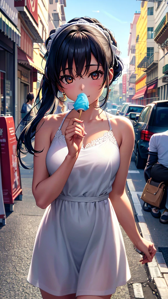 Create a hyper-realistic 3D image of a beautiful woman with white eyes ,cabello plata en trenzas great , en vestido de baño bañada por el sol ella es genial sonrriente lleva tatuajes great y espectaculares , miradas sensuales with all its ornaments , give me dynamic poses , great , with all its ornaments , she is eating a frozen cone in the.street watching the traffic go by spectacular scene the environment is night , the image must be perfectly detailed, applies HDMI technologies, 1200 dpi and full definition