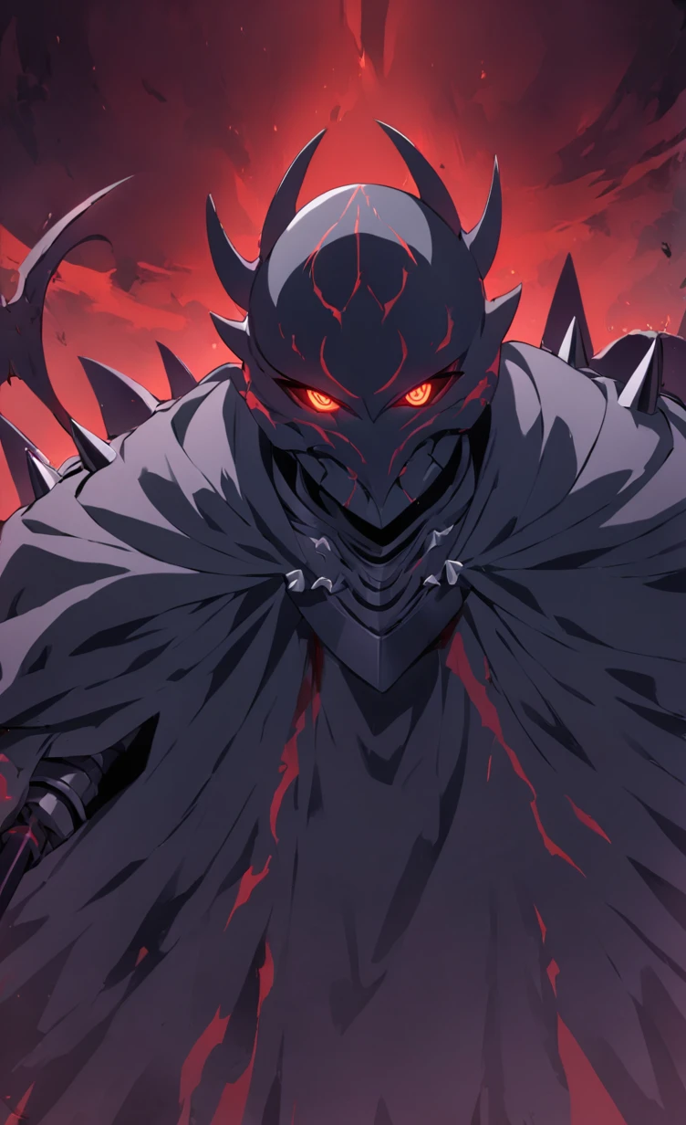 A menacing, original Star Wars-inspired villain emerges from the shadows. Clad in dark armor, the character's face is obscured by a unique helmet that features a series of sharp, protruding spikes and a glowing red eye. The villain's red cape billows behind them as they confidently stride forward, their weapon of choice - a sinister-looking staff that emits a faint, eerie energy. The background features a mysterious, ominous planet with a blood-red sky, hinting at the villain's sinister intentions.