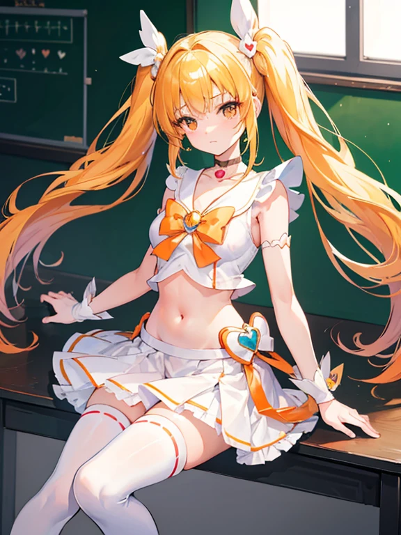 Masterpiece, high quality, 1 girl, blonde, twintails, long hair, white sleeveless, white miniskirt, magical girl, precure, orange ribbon, orange choker, heart brooch, navel,small breast,knee-high boots, wrist cuff,classroom