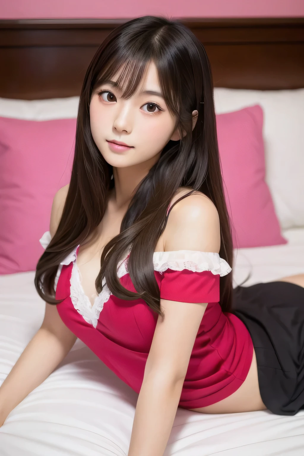 1 girl, There is a woman lying down on a bed in the lovehotel, school girl, gorgeous young korean woman, beautiful Japanese girl, beautiful young Japanese girl, young and cute asian face, popular Japanese makeup, 8k selfie, beautiful japanese girl face, girl cute beautiful face, young and adorable Japanese face, beautiful asian girl, one adorable Japanese face, rich bust