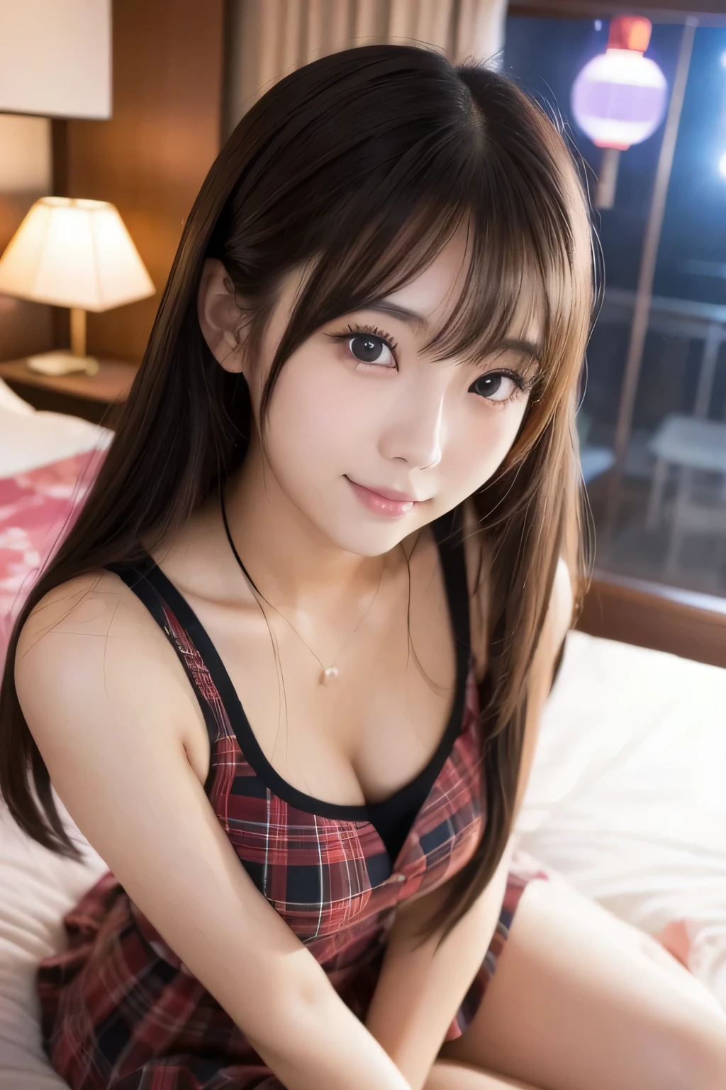 1 girl, There is a woman sitting on a bed in the lovehotel, school girl, gorgeous young korean woman, beautiful Japanese girl, beautiful young Japanese girl, young and cute asian face, popular Japanese makeup, 8k selfie, beautiful japanese girl face, girl cute beautiful face, young and adorable Japanese face, beautiful asian girl, one adorable Japanese face, rich bust