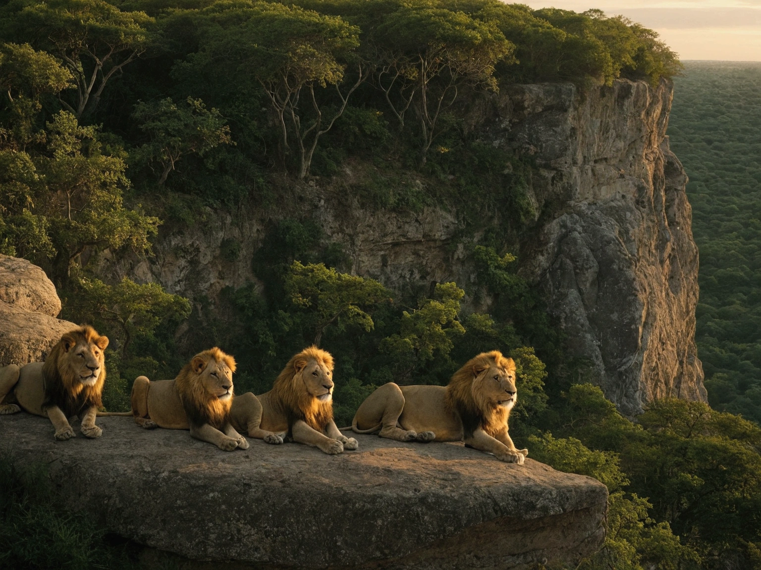 In the woods，Lions watch the animals below from the edge of a cliff.