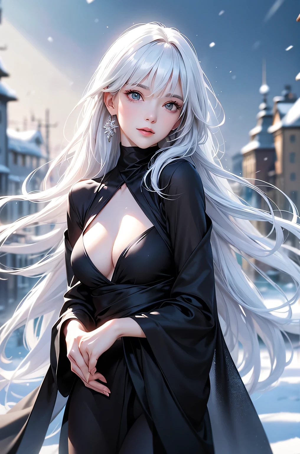 ((masterpiece:1.5、8k、Tabletop、Photorealistic and very detailed CG、Very detailed、Particle Effects、Dynamic Effects、Shallow depth of field、Cinematic Light、Lens flare、Ray Tracing、Tabletop、Realistic:1.4、Ultra-high resolution:1.2、Realistic、Realistic))((alone、,A woman wearing a black cashmere coat over a halter neck dress:1.4、Elegant woman posing、Detailed face、brightexpression、young, bright, Whiter skin、Medium chest、Beautiful cleavage、Best Looks、ASİAN、Ultimate beauty、bright and shiny hair,、Super long, Silky straight hair、Hair dancing in the wind))(morning、The setting is outdoors in the snow、Crystal of snow)((shiny white hair))