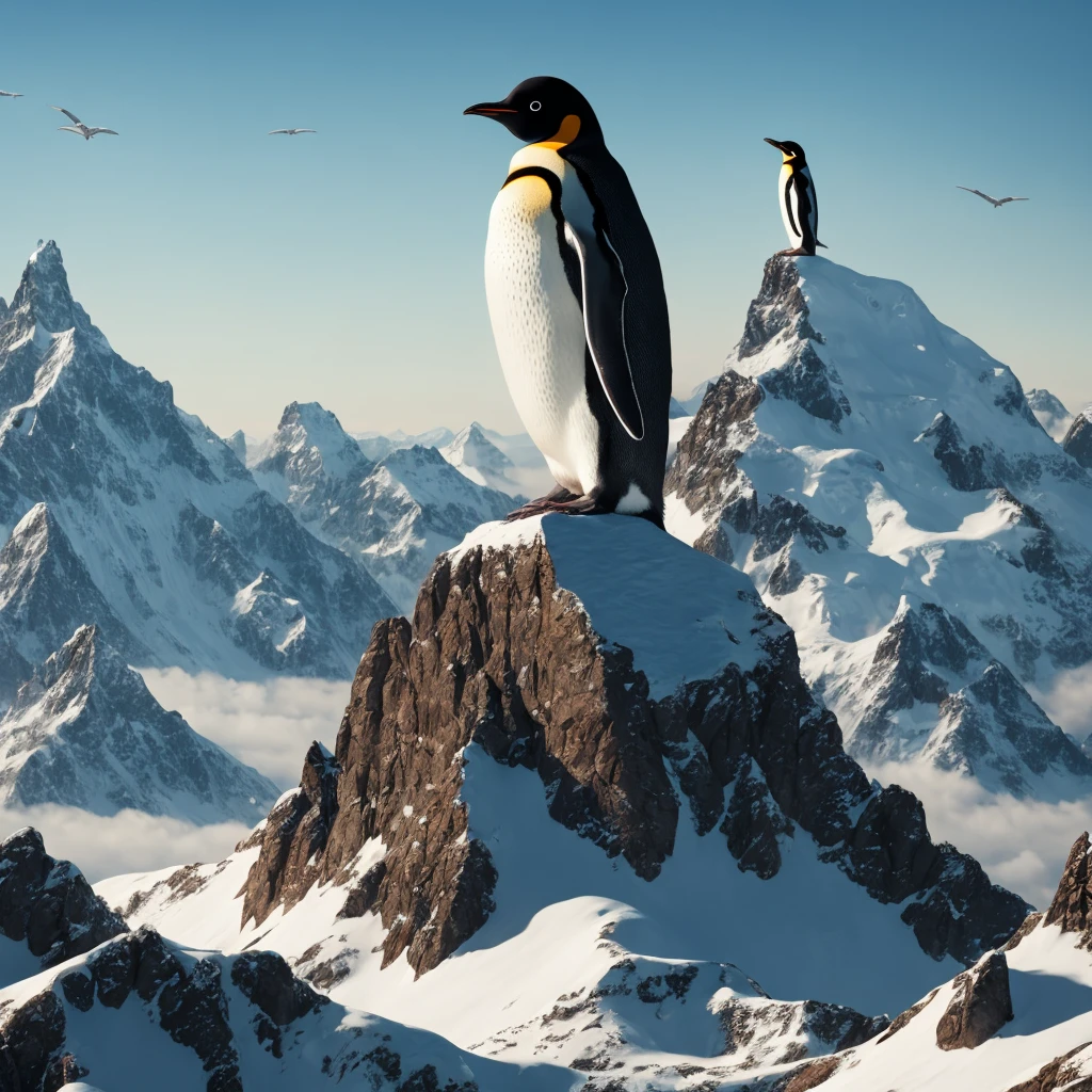 A realistic image of a larger penguin standing on top of a massive mountain peak, facing slightly more towards the viewer. airplane,