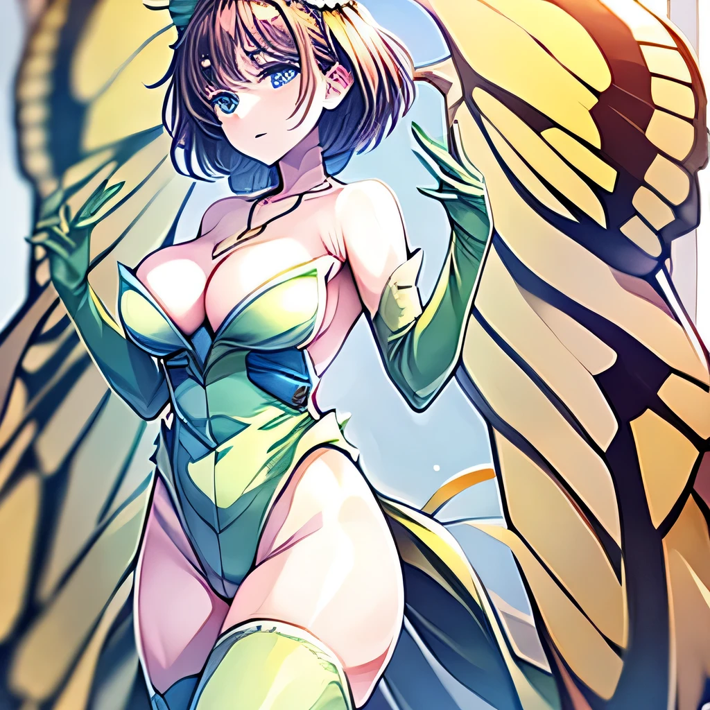 ((masterpiece,best quality,ultra-delicate,Perfect Face,16k,high resolution,very beautiful girl)),yellow butterfly wings on the head,brown medium short hair,green leotard,green long boots ,green long arm gloves, large breasts,gold necklace,seductive pose,cowboy shot