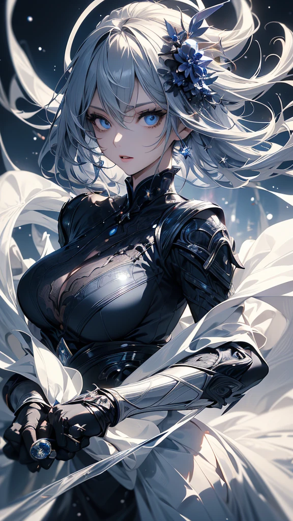 masterpiece, high quality, 4K, Beautiful design, silhouette,Gray Hair, 非常に詳細な夜のStarry Sky,Ice World, wonderful, Finer details, Very knowledgeable woman, Highly detailed solo, 1 female,blue eyes,Big Breasts,Gothic ta Fashion,Night view,Starry Sky,Blue Full Moon,