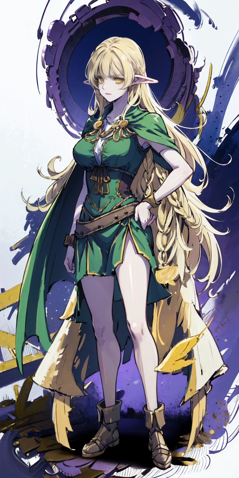 masterpiece, best quality, high quality, Erwin, elf, long hair, pale hair, yellow eyes, purple skin, deep blue cape with golden ornaments (1solofemale full body standing straight symmetrical, hands on hips)