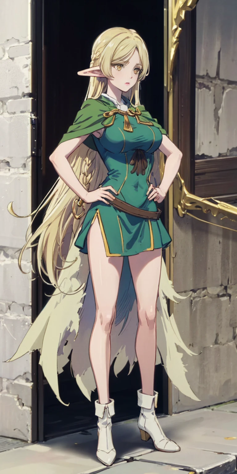 masterpiece, best quality, high quality, Erwin, elf, long hair, pale hair, yellow eyes, purple skin, deep blue cape with golden ornaments (1solofemale full body standing straight symmetrical, hands on hips)