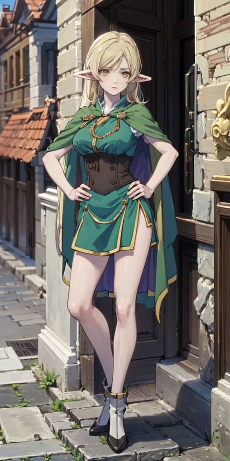 masterpiece, best quality, high quality, Erwin, elf, long hair, pale hair, yellow eyes, purple skin, deep blue cape with golden ornaments (1solofemale full body standing straight symmetrical, hands on hips)