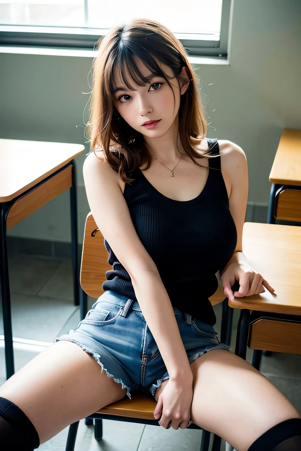 ((of the highest quality, 8K, masutepiece: 1.3, Raw photo)), Sharp Focus: 1.2, (1 AESPA Girl :1.1), Solo, (Realistic, Photorealistic: 1.37), (Face Focus: 1.1), Cute face, hyperdetailed face, short messy hair, Small Smile, slender, nude, (camisole, chiffon skirt: 1.3), (Sitting with one knee up: 1.3), classroom, show panties, flower, dahlia