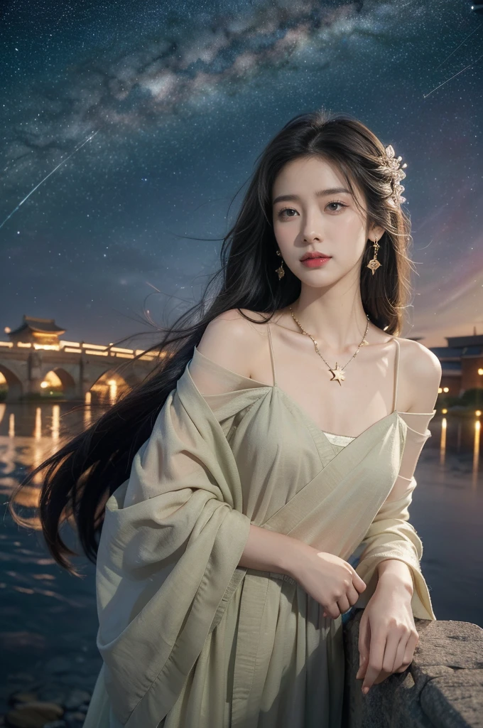(((best quality))),(((ultra detailed))),(((masterpiece))),illustration,((1 beautiful girl,solo)),(shoulder length straight hair:1.2),((earrings,necklace)),((slim,thin)),((small breasts,flat chest)),(gorgeous see red Hanfu:1.3),(standing:1.3),(on the stone arch bridge:1.3),((starry sky,the Milky Way,horizon)),elegance, grace, sophisticated updo, delicate hairpins, twinkling stars, radiant smile, bright eyes, wonder, beauty of the night sky, intricate patterns, flowers, birds, vibrant colors, ethereal, enchanting, old bridge, weathered, sturdy, natural surroundings, serene, peaceful atmosphere, rippling water, stars, graceful silhouette, magic, tranquility, twinkling stars, mesmerizing canopy of light, cool air, crisp, faint scent of blooming flowers, contemplation, admiration, ancient China, timeless, rich culture, traditions, captivating, enchanting atmosphere, myth, legend,((from front,upper body))