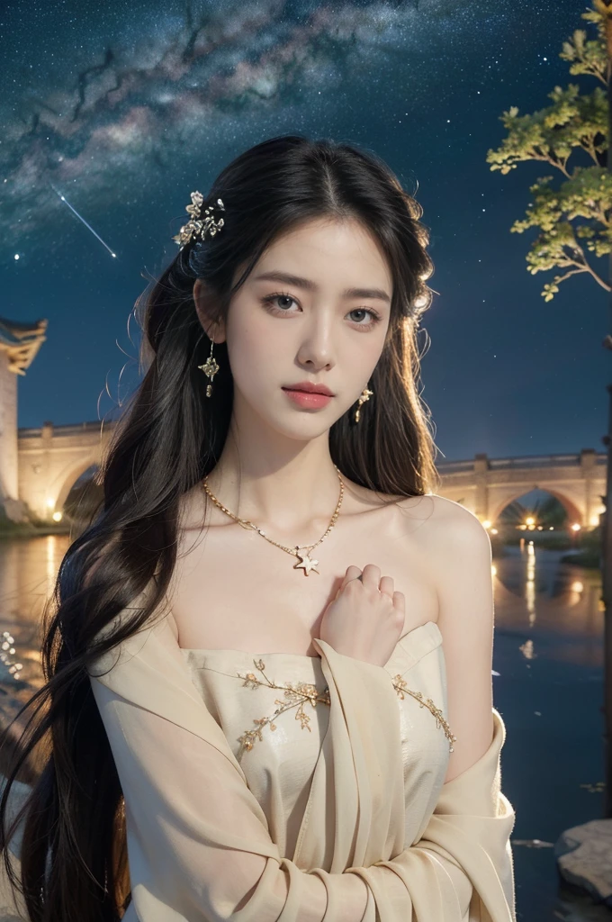 (((best quality))),(((ultra detailed))),(((masterpiece))),illustration,((1 beautiful girl,solo)),(shoulder length straight hair:1.2),((earrings,necklace)),((slim,thin)),((small breasts,flat chest)),(gorgeous see red Hanfu:1.3),(standing:1.3),(on the stone arch bridge:1.3),((starry sky,the Milky Way,horizon)),elegance, grace, sophisticated updo, delicate hairpins, twinkling stars, radiant smile, bright eyes, wonder, beauty of the night sky, intricate patterns, flowers, birds, vibrant colors, ethereal, enchanting, old bridge, weathered, sturdy, natural surroundings, serene, peaceful atmosphere, rippling water, stars, graceful silhouette, magic, tranquility, twinkling stars, mesmerizing canopy of light, cool air, crisp, faint scent of blooming flowers, contemplation, admiration, ancient China, timeless, rich culture, traditions, captivating, enchanting atmosphere, myth, legend,((from front,upper body))