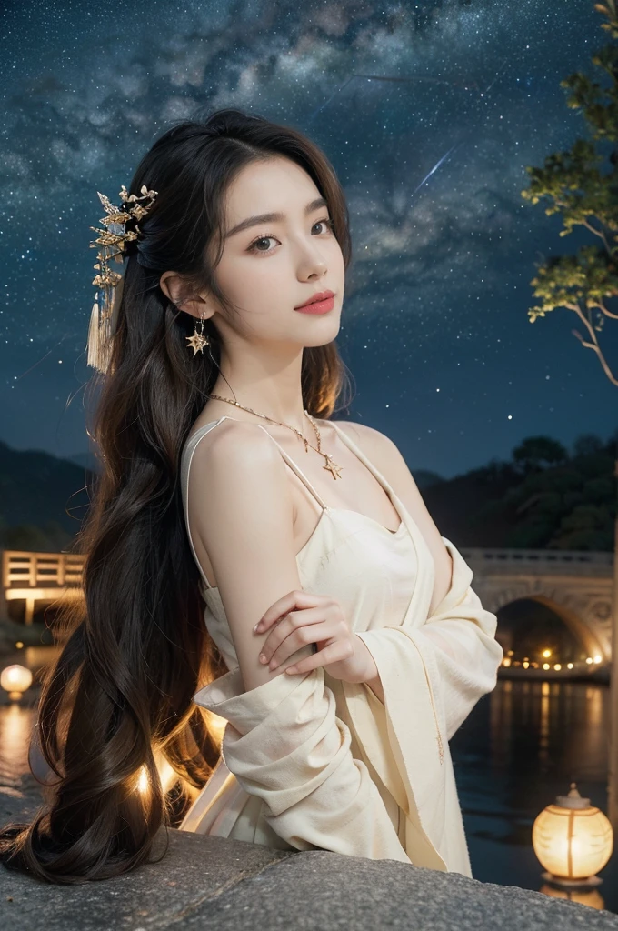 (((best quality))),(((ultra detailed))),(((masterpiece))),illustration,((1 beautiful girl,solo)),(shoulder length straight hair:1.2),((earrings,necklace)),((slim,thin)),((small breasts,flat chest)),(gorgeous see red Hanfu:1.3),(standing:1.3),(on the stone arch bridge:1.3),((starry sky,the Milky Way,horizon)),elegance, grace, sophisticated updo, delicate hairpins, twinkling stars, radiant smile, bright eyes, wonder, beauty of the night sky, intricate patterns, flowers, birds, vibrant colors, ethereal, enchanting, old bridge, weathered, sturdy, natural surroundings, serene, peaceful atmosphere, rippling water, stars, graceful silhouette, magic, tranquility, twinkling stars, mesmerizing canopy of light, cool air, crisp, faint scent of blooming flowers, contemplation, admiration, ancient China, timeless, rich culture, traditions, captivating, enchanting atmosphere, myth, legend,((from front,upper body))
