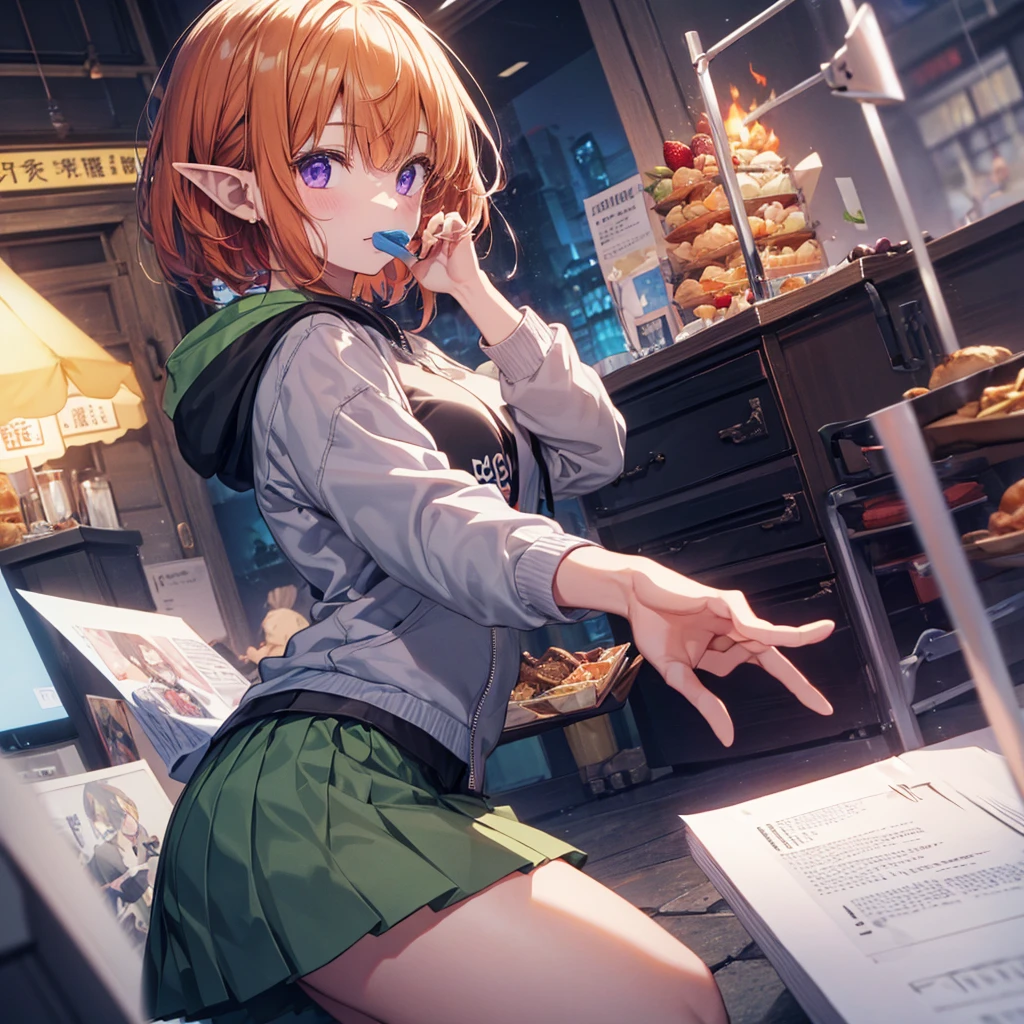 (Remember,food:1.3),(picnic:1.3),basket, Elf Ears, Highest quality,Best image quality,Perfect Anatomy,masterpiece,Very detailedな,beautiful,super high quality, Highest quality,High resolution, Very detailed,Game CG,Dutch Angle ,beautiful細部までこだわった目,Visual Arts,Five Fingers, Perfect hands,Hide your hands, {{{One Girl}}}, beautiful詳細な女の子, Game CG, Spring flower, One curl on the outside, Short Bob Hair, Pastel orange hair, Purple eyes,Stylish accessories solo, Breast augmentation, Medium Shot, woman, Take-out, Laughter, Huge ,,Pastel green checkered mini skirt,Black Knee High, {{{{{Wearing a pastel green hoodie}}}}},Open your mouth, wonderful, beautiful細部までこだわった目, Highest quality, Very delicate,Masseter region,Highest quality,(Official Art、Highest quality、unity 8k wallpaper、32K、masterpiece、Very detailedな、超High resolution、Realistic、Realistic:1.2)、(Cinema Lighting:1.2)、Fire glow effect、The most grainy shadows on the film、Side light、Side Shot、(Very detailedなで複雑な3Dレンダリング)、Atelier Series,