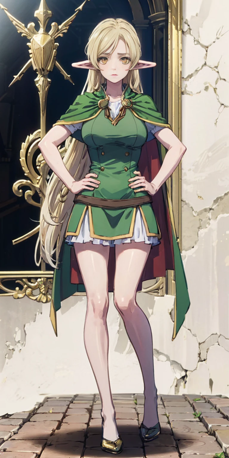 masterpiece, best quality, high quality, Erwin, elf, long hair, pale hair, yellow eyes, purple skin, deep blue cape with golden ornaments (1solofemale full body standing straight symmetrical, hands on hips)