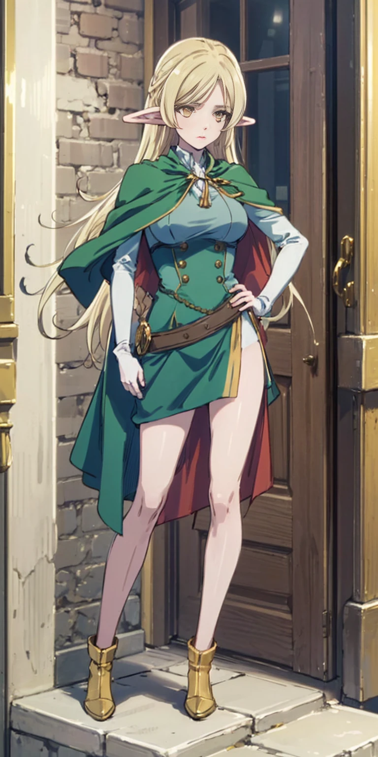 masterpiece, best quality, high quality, Erwin, elf, long hair, pale hair, yellow eyes, purple skin, deep blue cape with golden ornaments (1solofemale full body standing straight symmetrical, hands on hips)