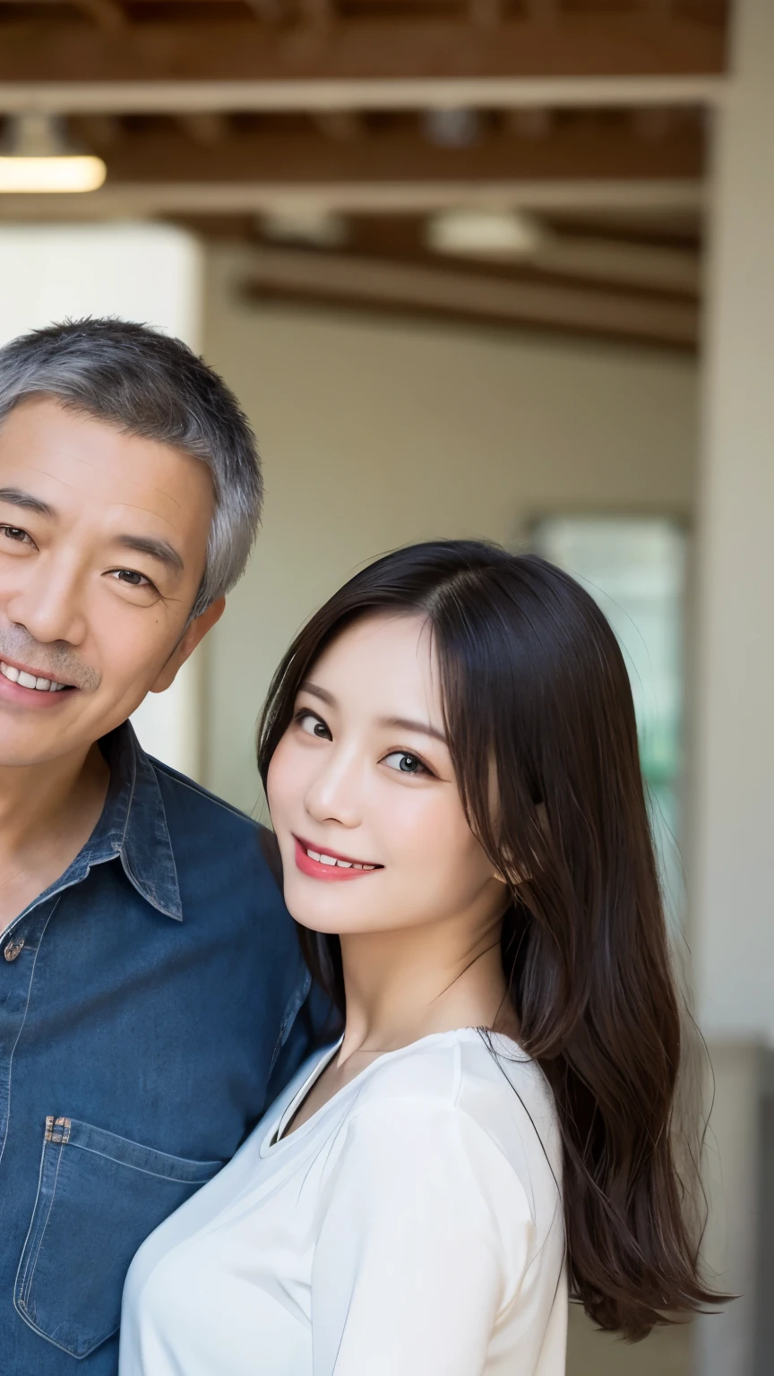 A beautiful woman in a sleeveless top and a middle-aged man with short hair, both wearing short sleeves, taking a selfie together. They are both laughing heartily, showing a close and intimate relationship. They are holding a smartphone at arm's length, capturing their joyful expressions. The background is a bright and cheerful setting
