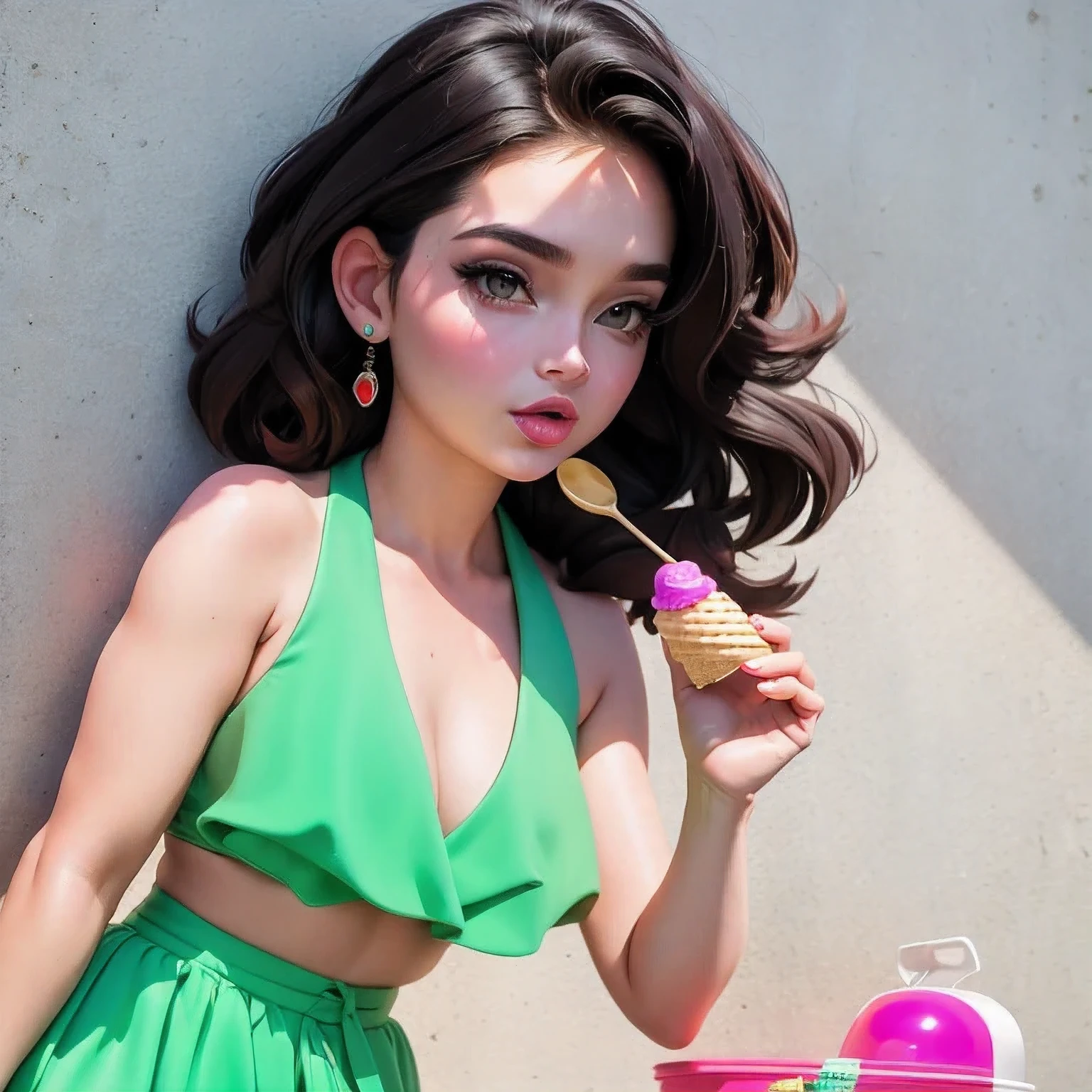 araffe1 girl in a bikini eating an ice cream cone, eating ice cream, in a bikini, angela white, giorgia meloni, katy perry, in bikini, eating ice - cream, wearing spandex bikini, ice cream on the side, bikini, ice cream, wearing a bikini, candid photo of dirty, shiny plastic bikini, candid shot, cone, 1 girl, solo,in a green dress standing by a wall,portrait of female idol,