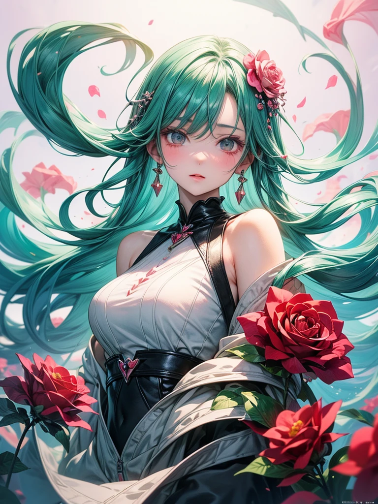 masterpiece,1 Girl,4K Anime Art,Whimsical Fantasy,Elegant rose flower,botany,Minimalism,Wave-like flower garden,Flowing flowers floating in a hazy pastel pink,,Aqua Green, Pastel apricots, Smoke Fractal, There is a good atmosphere,Very realistic flowers, Octane Rendering  