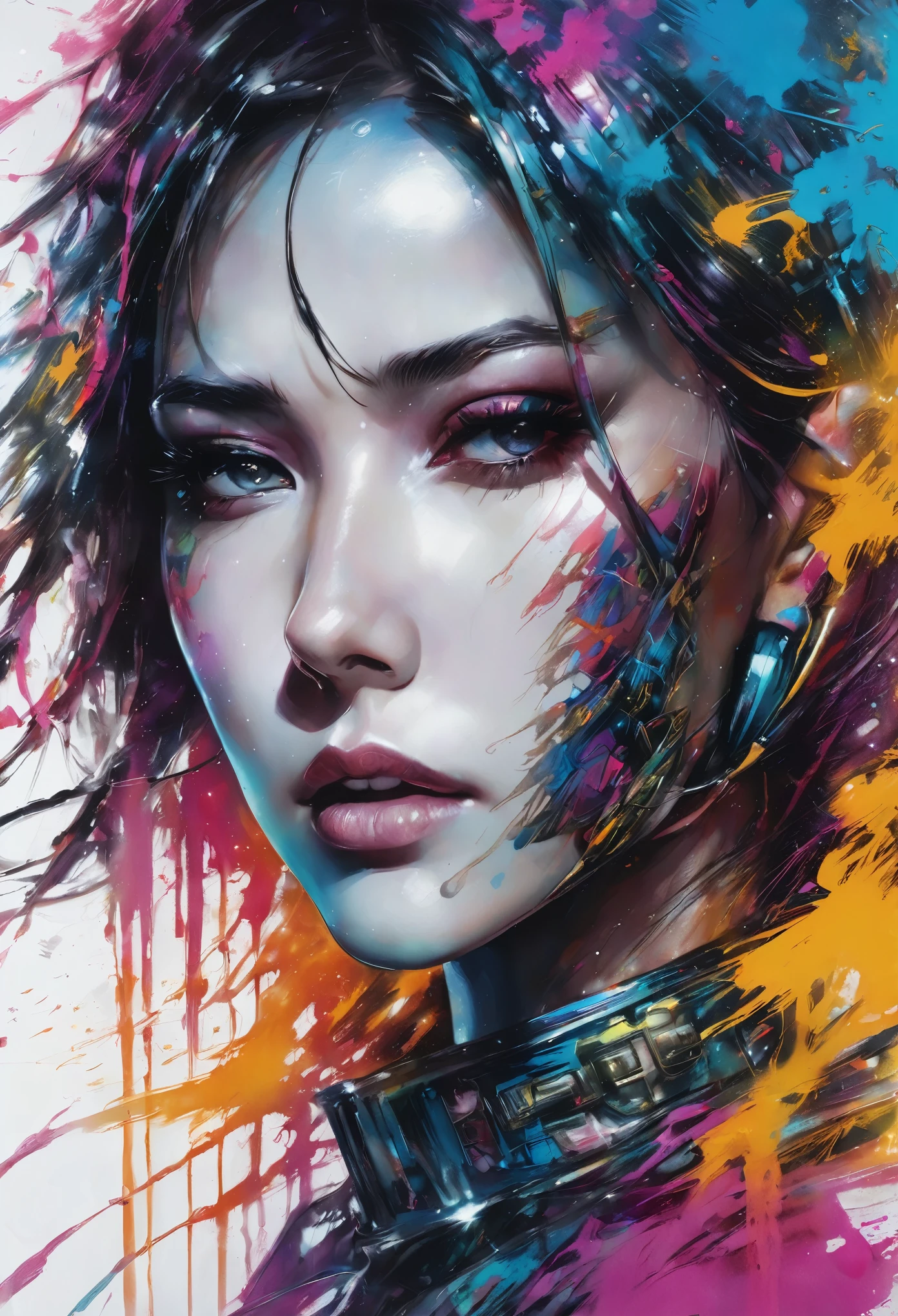 设计一幅数字Art work,Portraying a futuristic femme fatale,, reflective glass glasses and a Smooth, High-tech texture, Center, Nearly perfect, Dynamic, Very detailed, Art Station, Concept Art, Smooth, Clear focus, illustration, Art work:carne griffiths 和 wadim kashin, Graffiti airbrush technique, HD, Accent Lighting, Contrast with bright paint colors