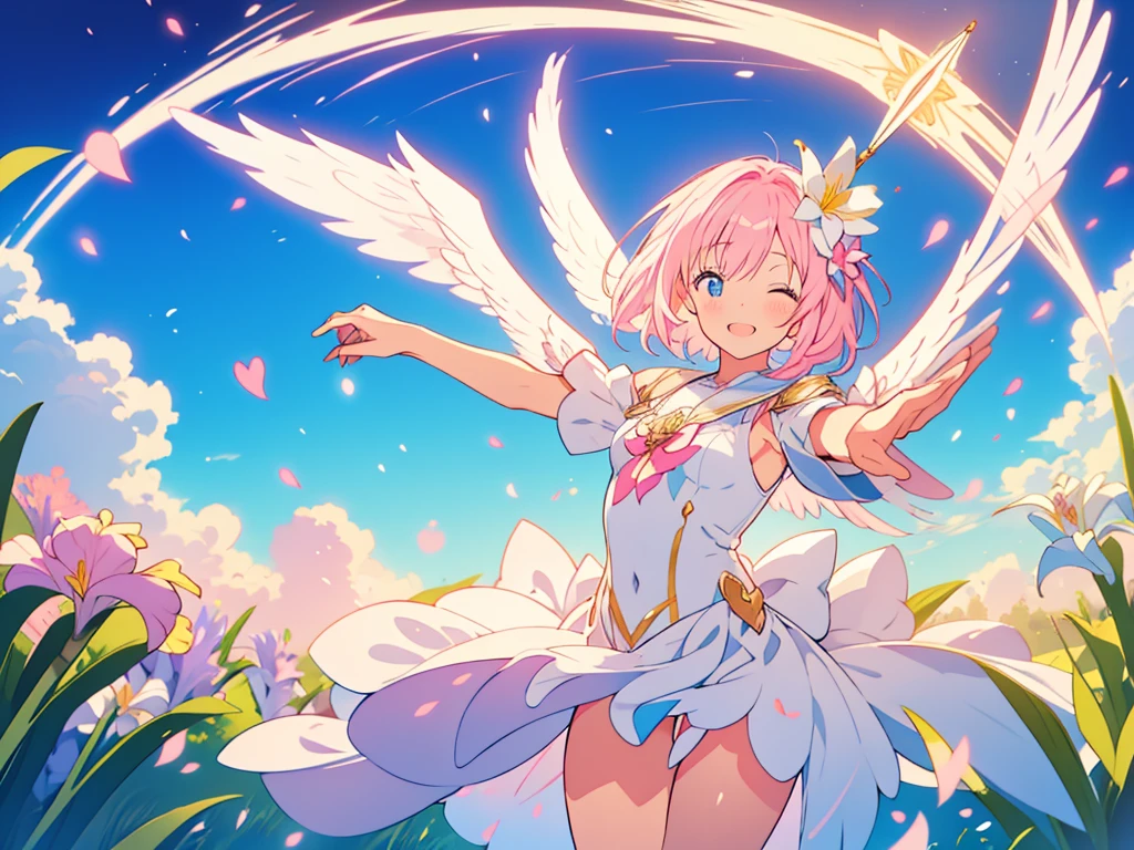 kawaii, anime, Cute, hyper quality, highly detailed, 8k, Clarity, Girl with bright pink smooth short hair, Hold cupid's bow, Detailed facial expressions, lily flower field, Close your eyes and smile, pure, kindness, trust, heart effect, angel wings on the back, heaven, draw a bow, happiness, feeling of happiness, magic effect, angel wings dance, rainbow color effect, iris effect, light atmosphere, sky temple, take off and float in the air, Halo, iris arc, Expanding perspective, Hold a heart-shaped pink bow and a magic arrow, A pose where you close your legs and jump to shoot an arrow., white lily garden, lily petals dance, heart bow and magic arrow, celestial maiden costume,